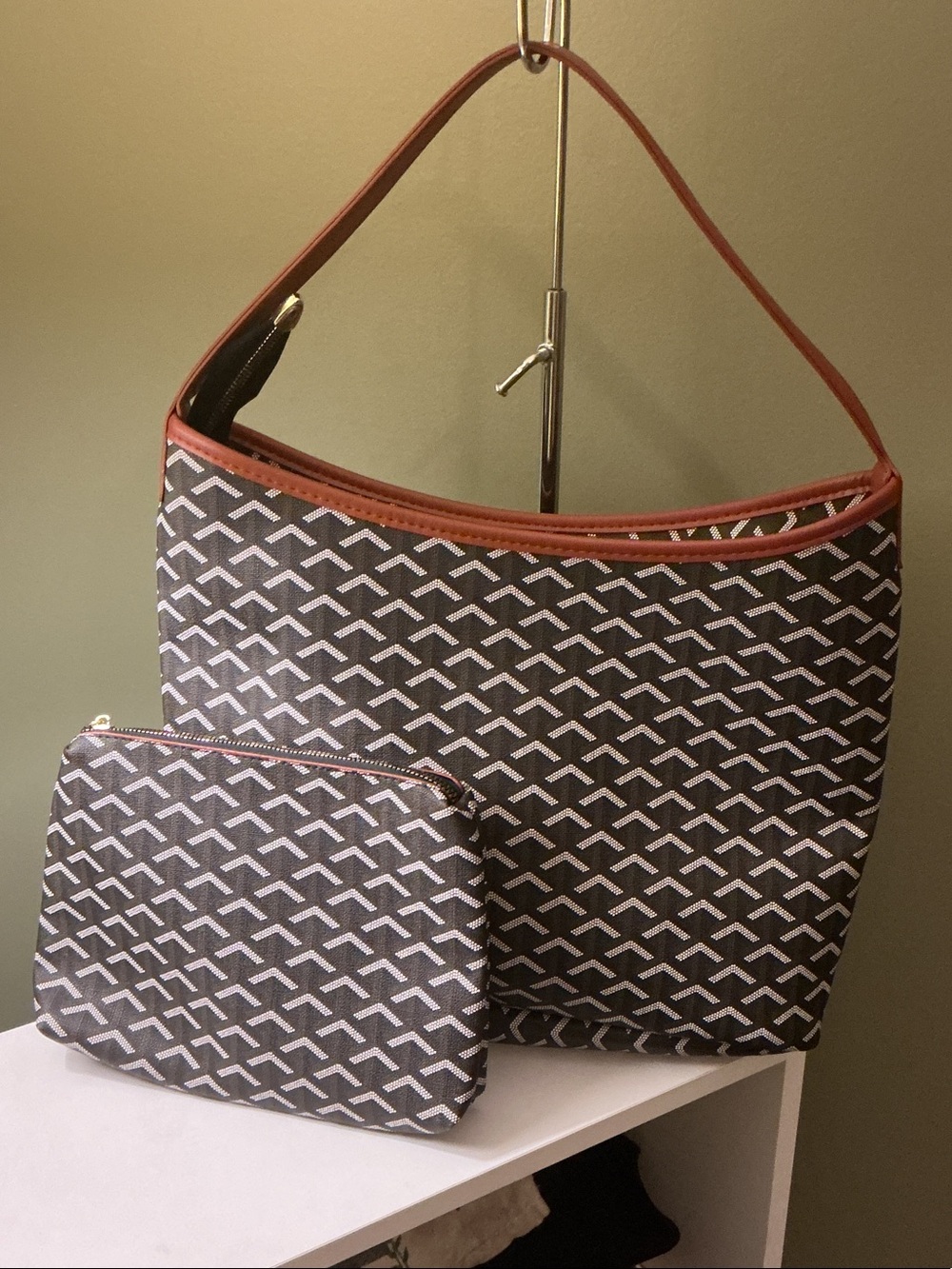 Fashion Designer Gray Patterned Shoulder Bag with Tan Trim PLUS Pouch